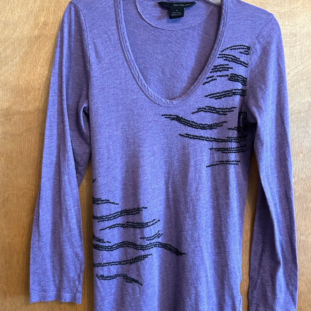 Calvin Klein Jeans Purple Shirt with Tiny Black Beaded Details Size M